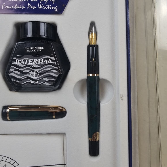 Waterman Phileas FP Set Green Marble GT Ink Fountain Pen NOS W/ Gift Box Boss - Picture 5 of 16